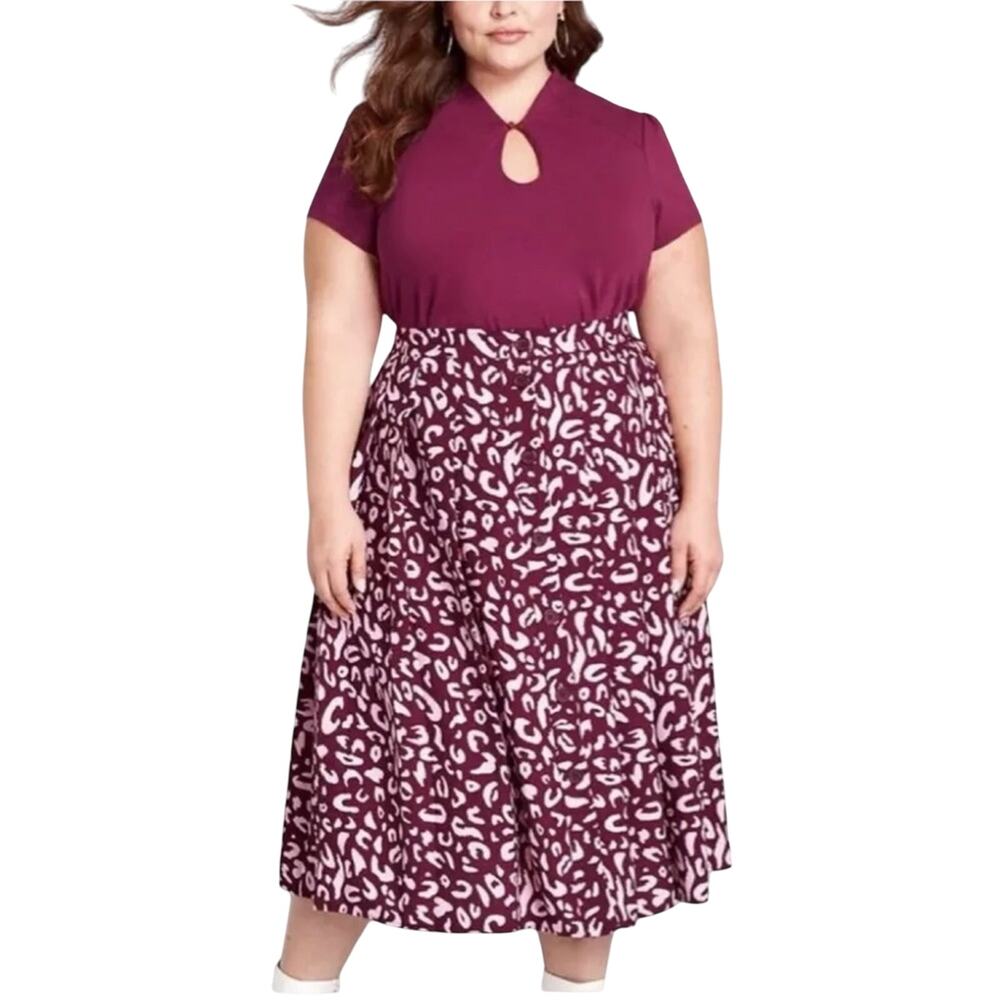 Modcloth Admirers Skirt 20 Button Front Midi Burgundy Leopard Academia Office
